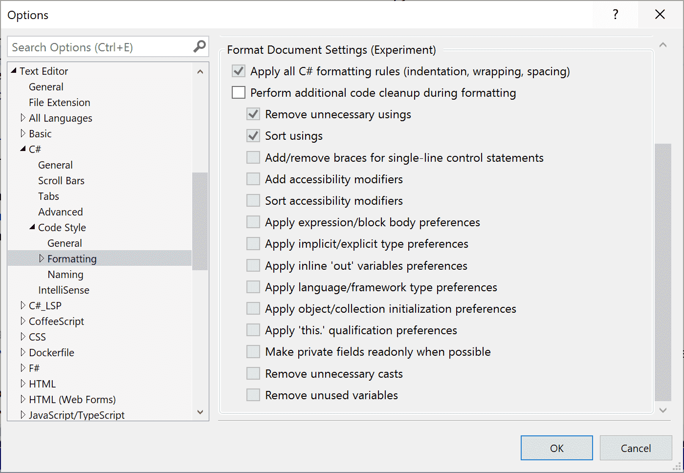 Microsoft Improving your productivity in Visual Studio 2017 Editor Options-dialog-showing-format-document-options-for-C-Code-Clean-up.png