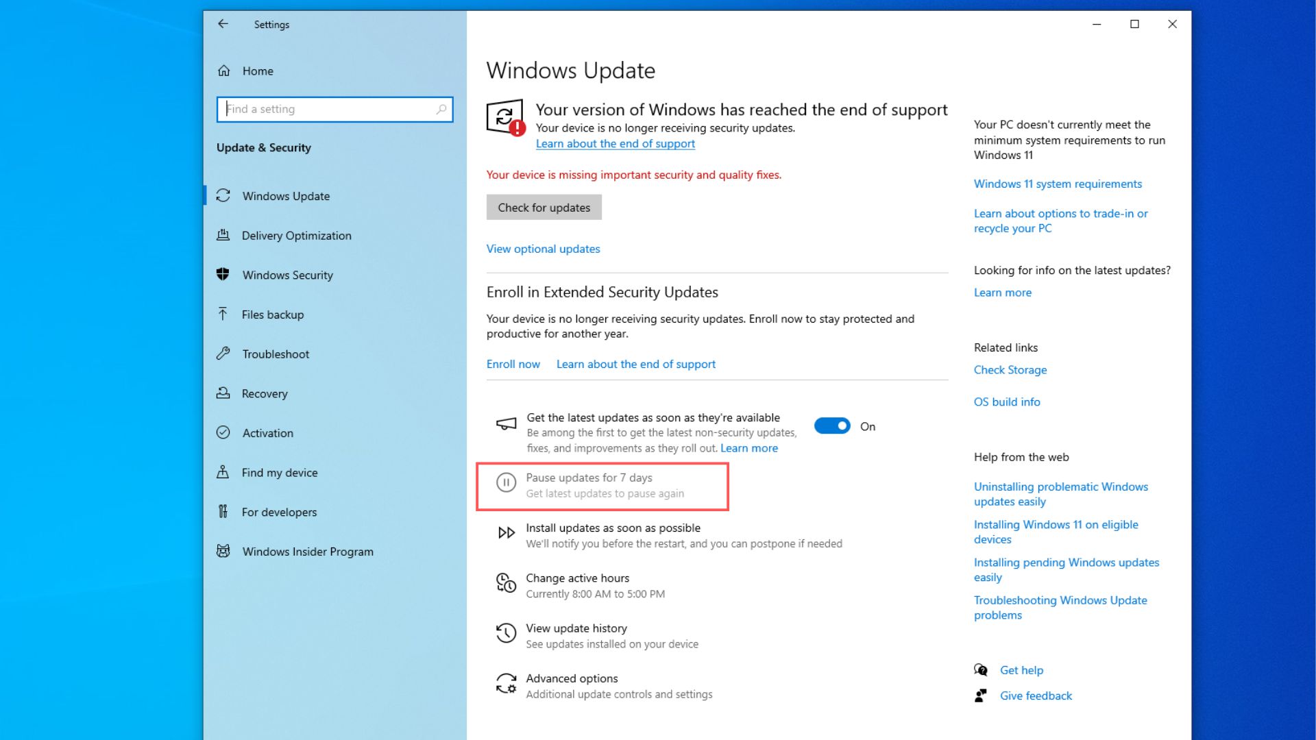 Windows 10 support quietly extended until Oct 2027, as users reject Windows 11 Pause-updates-for-7-days-option-appers-faded-for-non-ESU-registered-users.jpg