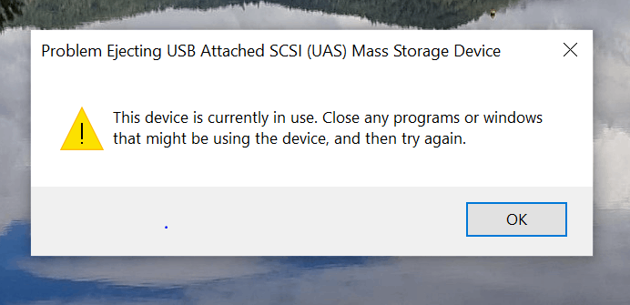 Recently I have been experiencing the error message, 'Problem Ejecting USB Attached SCSI... PF6kHHf7bduZrBcSIM8w1nmY9TTWgaHHqoCY77VinZvU7DuM2Brp%2ftTpV5HfFiCsWOWrCzx0RaV9bMx9BKEfasT8PLY%3d.png
