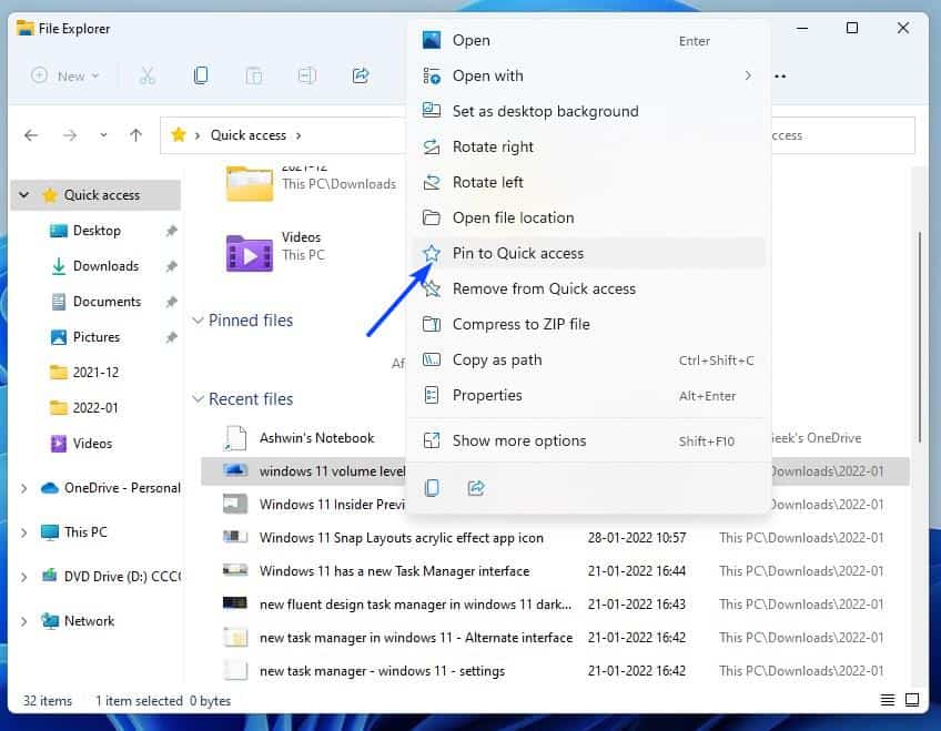Windows 11 Insider Preview Build 22557 brings Drag and Drop on Taskbar, Start Menu Folders... Pin-file-to-quick-access-panel.jpg