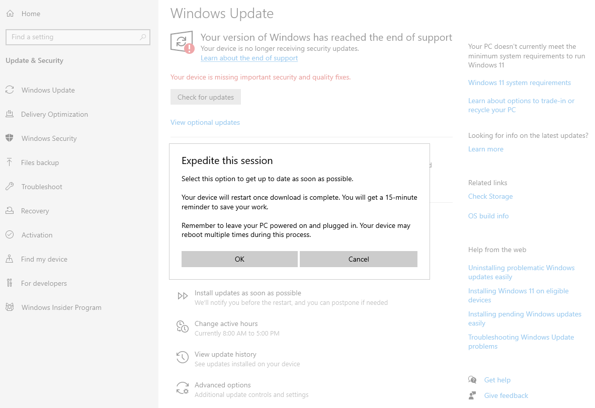 Non-ESU Windows 10 can’t pause updates anymore, including if Windows 11 install starts... Popup-after-clicking-Install-updates-as-soon-as-possible.png
