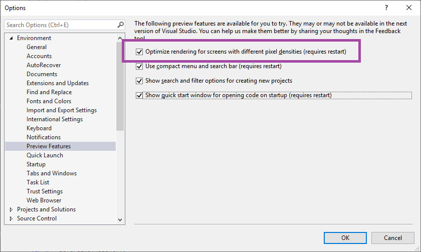 A better multi-monitor experience with Visual Studio 2019 preview-enable-pma.png