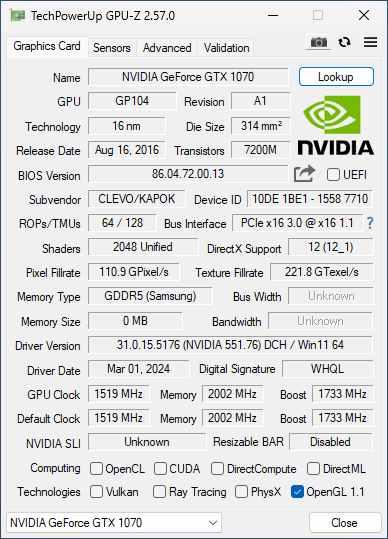 Graphic card reverting to OpenGL 1.1 on Windows 11 NVIDIA GTX1070 pur.png