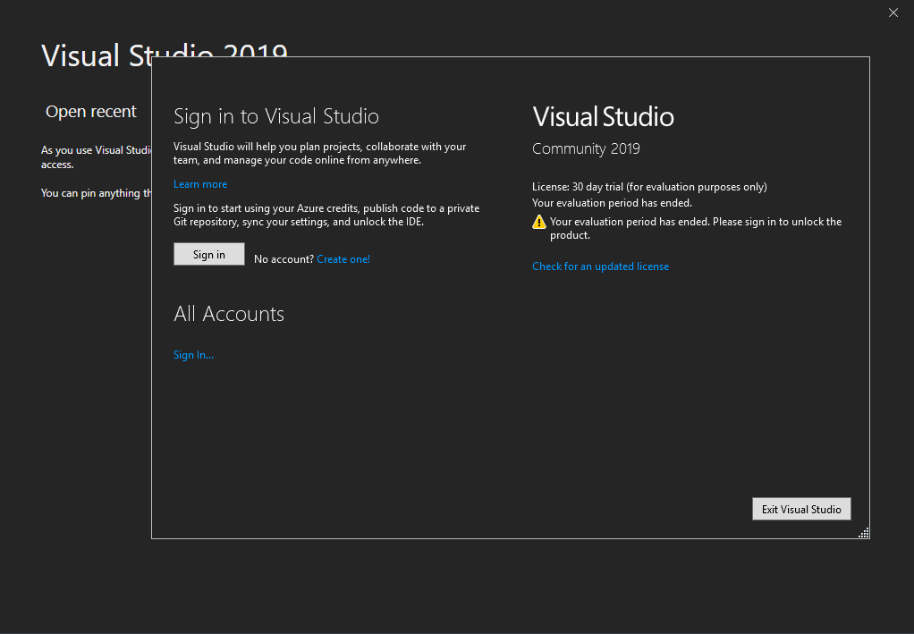 Visual Studio Community 2019 Evaluation period has ended r52n6.png