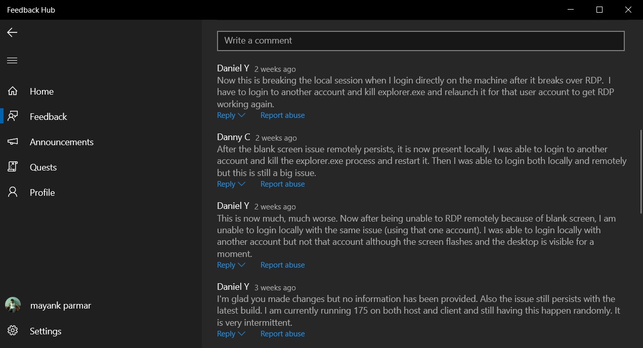 Windows 10 update causes black screen in Microsoft Remote Desktop RDP-Feedback-Hub-post.jpg