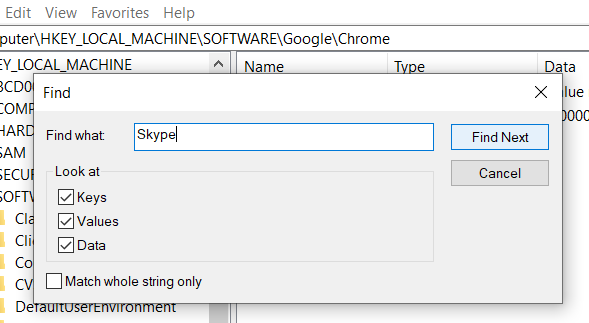 Skype has stopped working on Windows 10 registry-editor-find.png