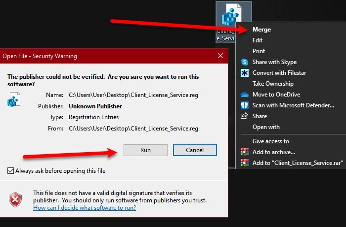 CLIPSVC (Client License Service) not starting in Windows 10; How to enable ClipSvc? run-registry-script.jpg