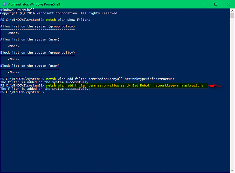 netsh wlan set autoconfig enabled=no I used that command and now I can’t turn it back on s-not-working-3-netsh-wlan-add-filter-permission-allow-ssid-bad-robot-networktype-infrastructure.png