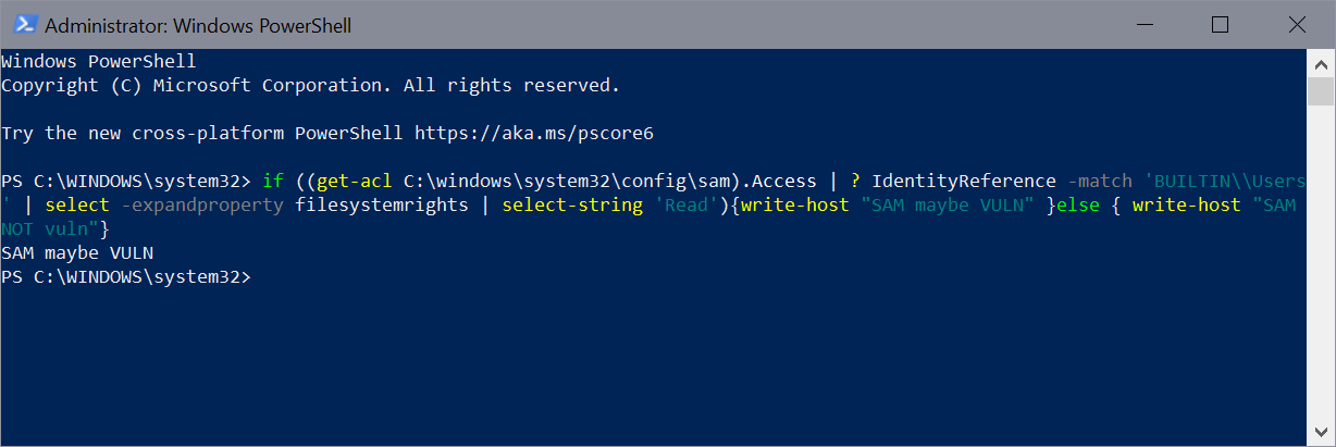 Workaround for Windows 10 and 11 HiveNightmare Windows Elevation of Privilege Vulnerability sam-vulnerable-check.png