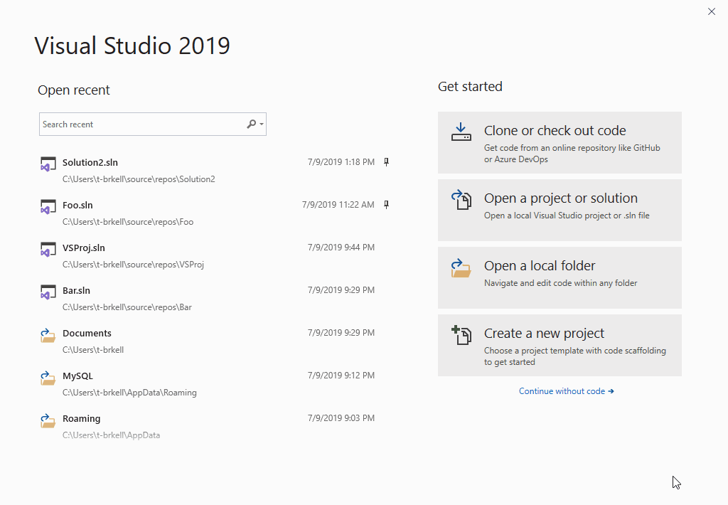 Visual Studio 2019 version 16.2 Generally Available and 16.3 Preview 1 SearchRecentProjects.gif
