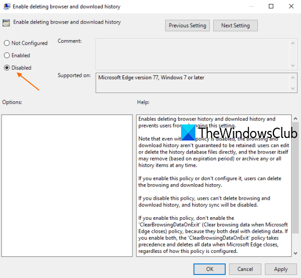 Prevent deleting browser history and download history in Microsoft Edge select-Disabled-option.png