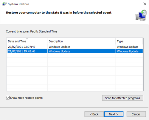 Fix TIMER_OR_DPC_INVALID Blue Screen on Windows 10 Select-Restore-point.png