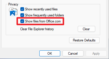 Windows 11 version 22H2: file explorer changes show-files-office-com.png