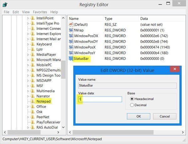 Notepad on Windows 10 incorrectly word wraps status-bar-registry.jpg