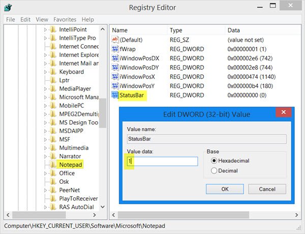 How to fix Windows 10 Notepad word wraps error? status-bar-registry.jpg