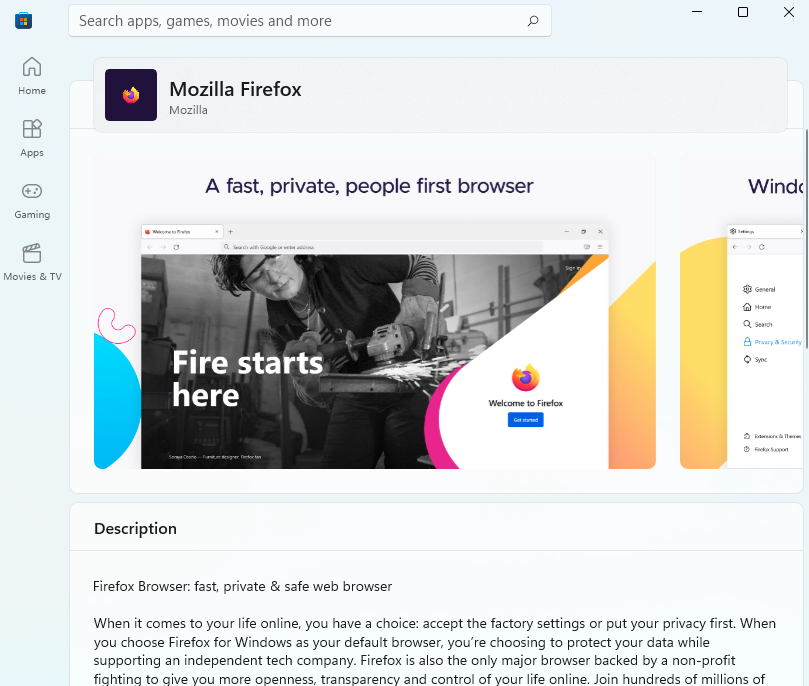 The Microsoft Store does not have Mozilla Firefox ?!  How can i install this on Windows 11... store.png