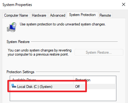 Find out if System Restore is enabled on Windows 11 Devices system-restore-off.png