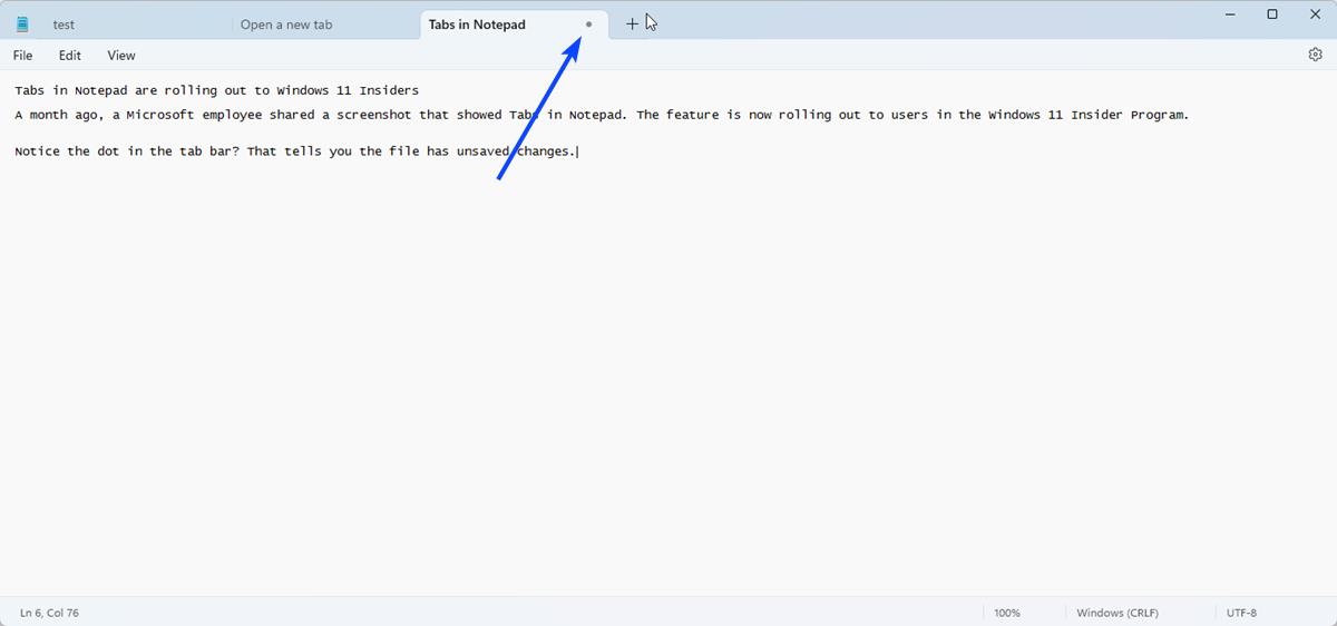 Tabs in Notepad are rolling out to Windows 11 Insiders Tabs-in-Notepad-windows-11-unsaved-file-indicator.jpg