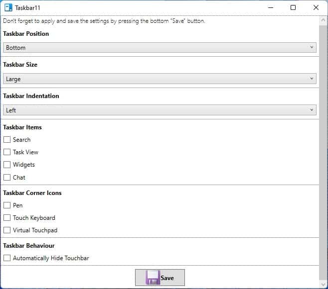 Move the Windows 11 Taskbar to the top and change the icon size with Taskbar11 Taskbar11-interface.jpg