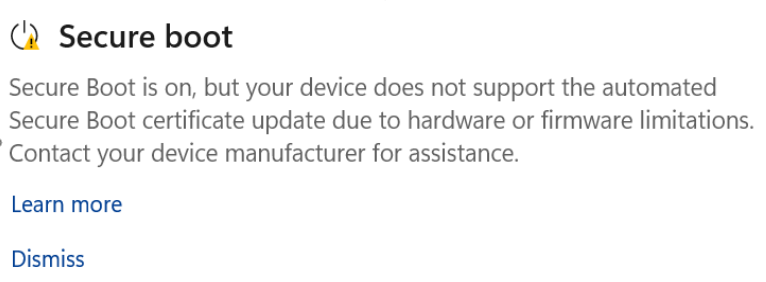 Windows 10 KB5120249 keeps the OS protected, direct download links for offline installer (.msu) The-Secure-Boot-section-showing-the-Not-yet-updated-status-with-a-yellow-warning-icon.png