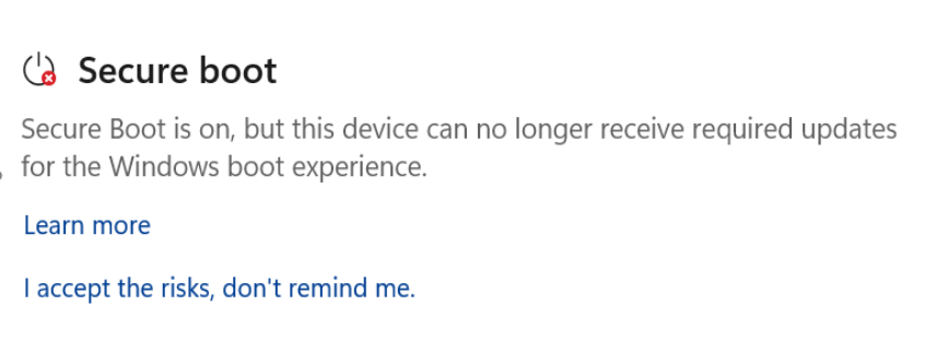 Windows 10 KB5120249 keeps the OS protected, direct download links for offline installer (.msu) The-Secure-Boot-section-showing-the-Requires-action-status-with-a-red-stop-icon.png