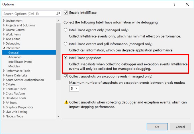 Visual Studio 2022 64-bit public preview will be released this summer Tools-Options-Dialog-showing-IntelliTrace-snapshots-option.jpg