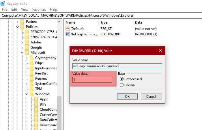 How to turn off Heap Termination on corruption for Explorer in Windows 10 turn-off-heap-termination-regedit.jpg