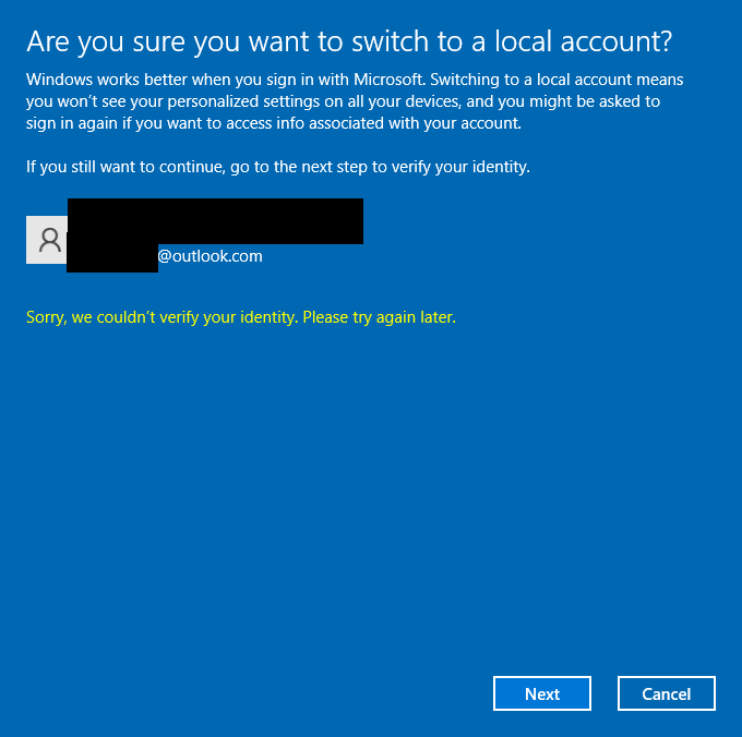 I cant switch back to local account. It says "we cant verify your identity". tyZJH6J.png
