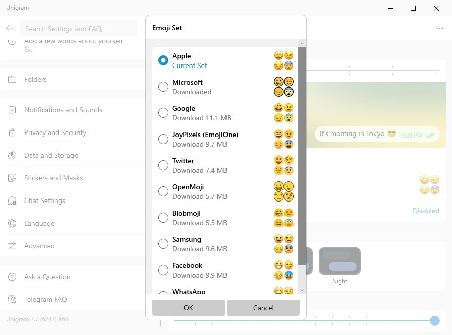 Unigram is an unofficial desktop client for Telegram that supports Secret Chat, Location... Unigram-emoji-sets.jpg