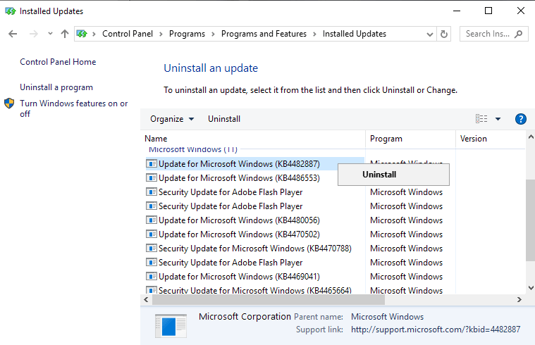 KB4482887 for Windows 10 1809 causes game performance issues uninstall-KB4482887.png