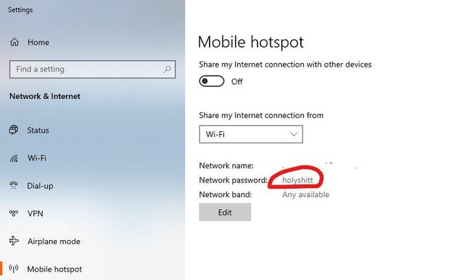 just found that windows 10 default mobile hotspot password is "holyshitt" vboqwevxb9d81.jpg