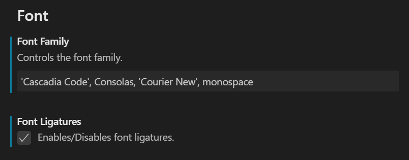 Customize the Windows Terminal with WSL2, Cascadia Code, Powerline, Nerd Fonts, Oh My Posh... vscode-ligature-settings.png