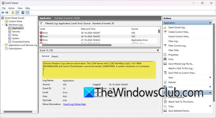 The Com Server with CLSID cannot be started VSS error vss-error-event-13.jpg
