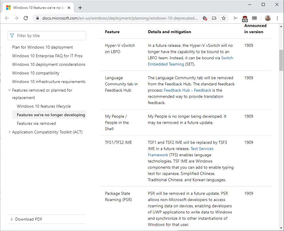 Microsoft updates list of deprecated Windows 10 features : goodbye My People (November 2019) windows-10-1909-deprecated-features.png