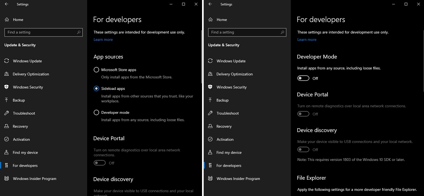 Windows 10 20H1 improves apps sideloading, adds MSIX support Windows-10-20H1-dev-settings.jpg