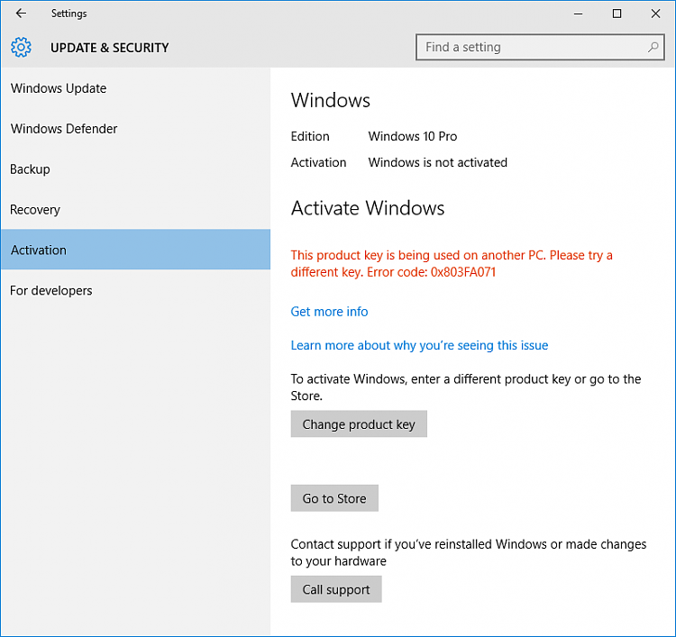 I entered correct Product key to the option "Change Product Key", but it says that 'The... -windows-10-a-product-key-being-used-another-pc.-please-try-different-key.-error-code-0x803fa071.png