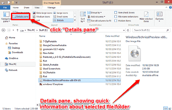 File Explorer List and Details buttons windows-10-activate-details-pane.png