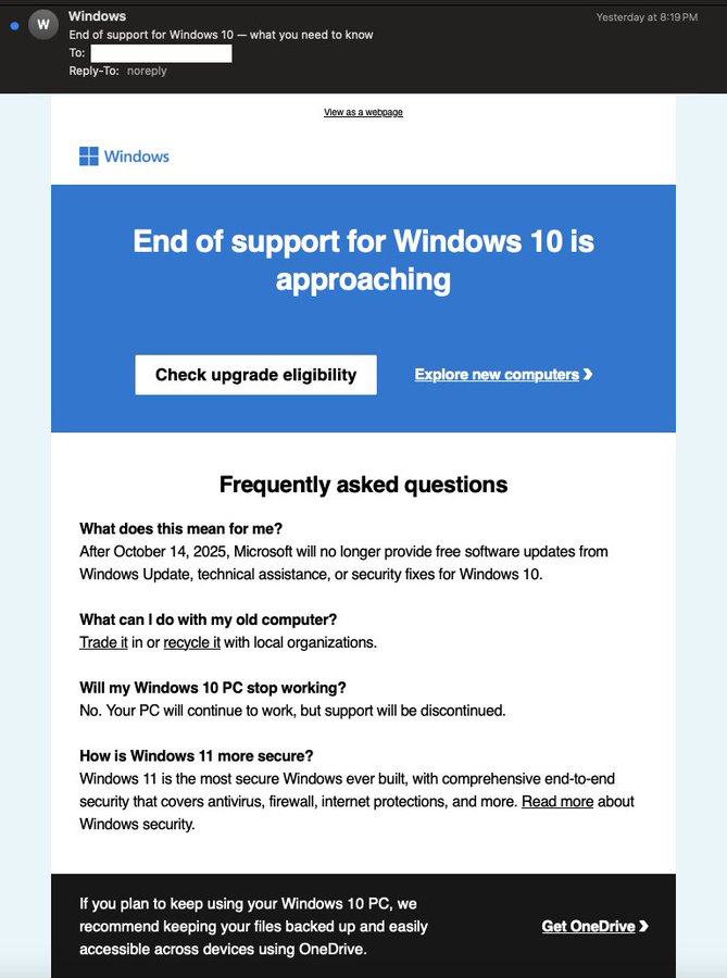 Microsoft suggests to trade your PC or recycle it in "end of support for Windows 10" emails windows-10-end-of-support-email.jpg