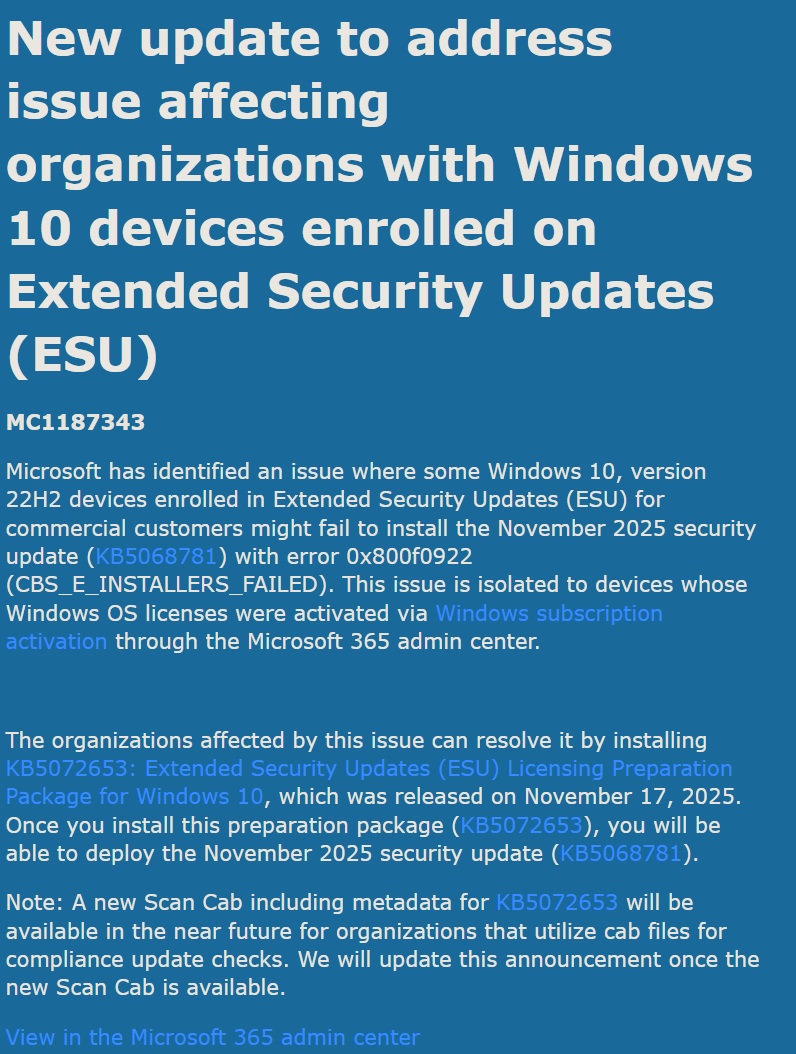 Windows 10 KB5072653 emergency update fixes ESU failure, 0x800f0922 affecting KB5068781 Windows-10-ESU-installation-alert-on-Admin-Center.jpg
