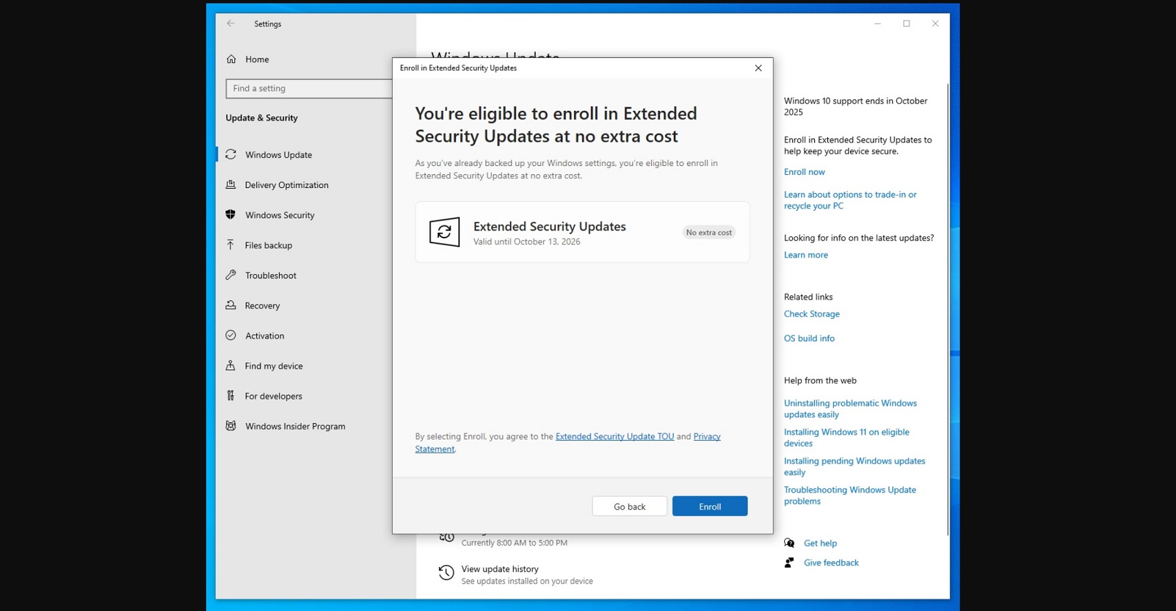 Hate Windows 11? Windows 10’s extended updates Enroll button is slowly rolling out, says... Windows-10-ESU-update-Windows-11.jpg
