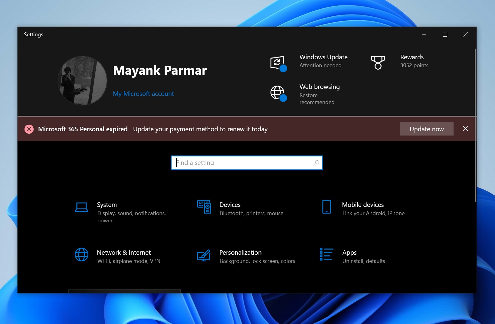 Windows 10 Settings can show alerts when Microsoft 365 subscription expires Windows-10-Settings-Microsoft-365-alert.jpg