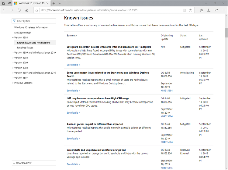 Windows 10 version 1903: list of known issues growth, and growth, and growth windows-10-version-1903-issues.png