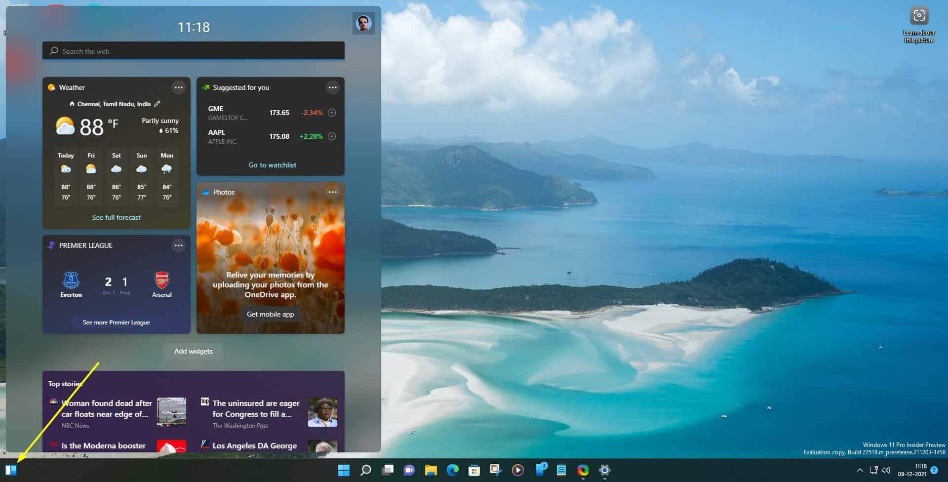 Microsoft to roll out Android apps preview for Windows 11 next month along with Taskbar... Windows-11-Insider-Preview-Build-22518-new-widgets-button-position.jpg