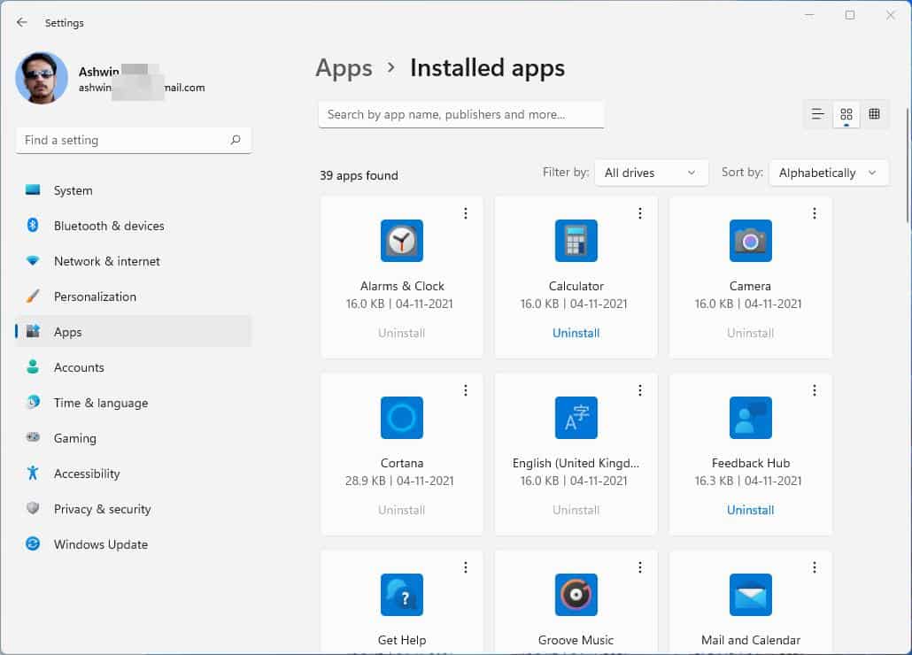 Windows 11 Insider Preview Build 22494 fixes some Taskbar, Explorer bugs and adds a Mute... Windows-11-installed-apps-grid-view.jpg