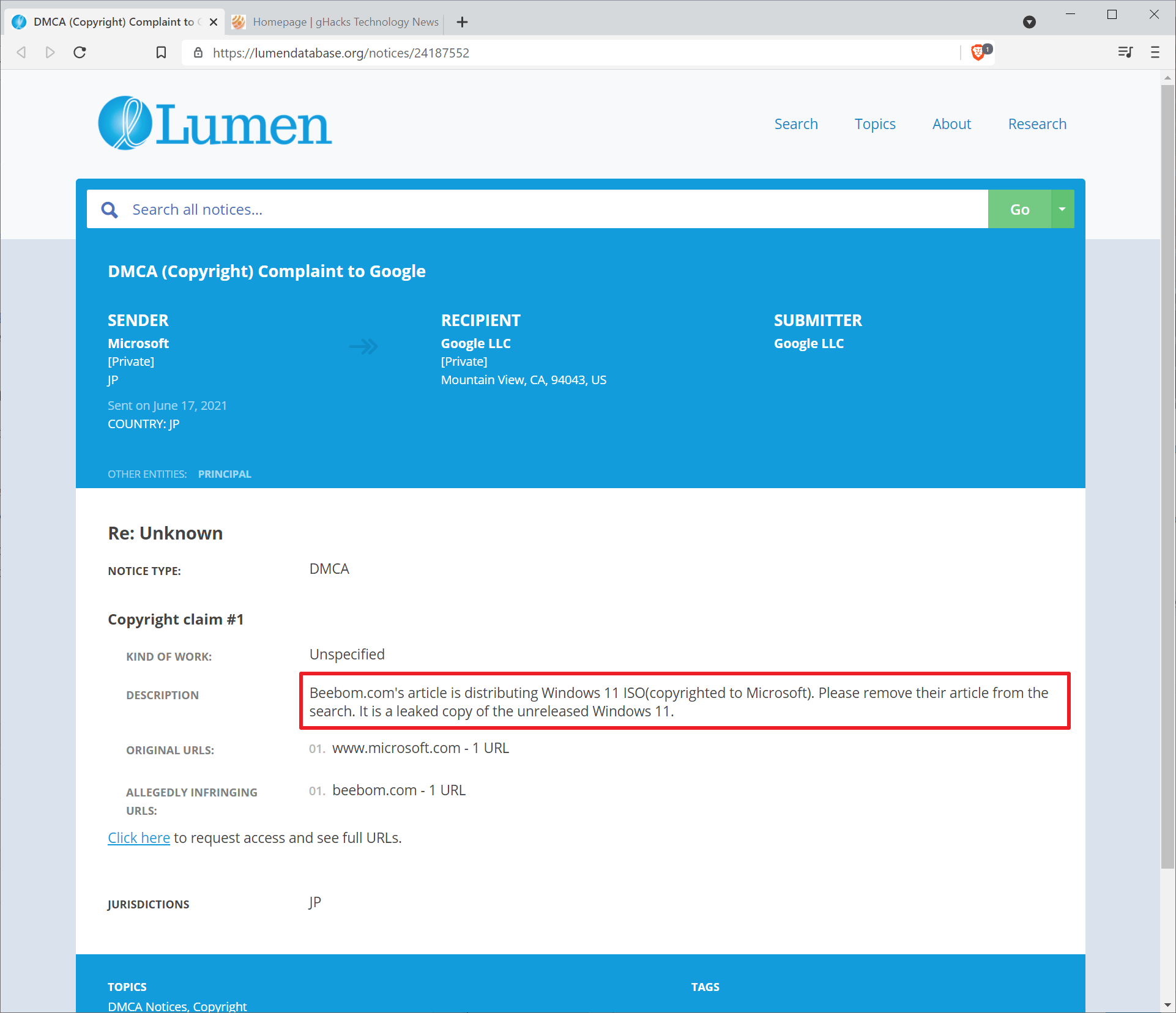 Microsoft is trying to stop the distribution of the leaked Windows 11 ISO using DMCA windows-11-leak-dmca.png