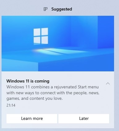 Microsoft releases the first build of the Windows 11 Insider Preview to the Dev Channel,... Windows-11-Learn-More-Notification.jpg