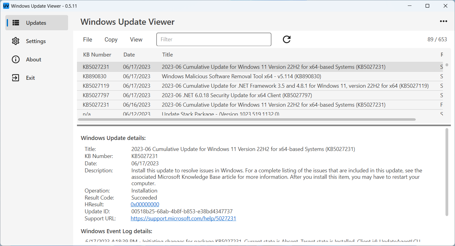 Take a look at the Windows updates history with Windows Update Viewer windows-update-viewer.png