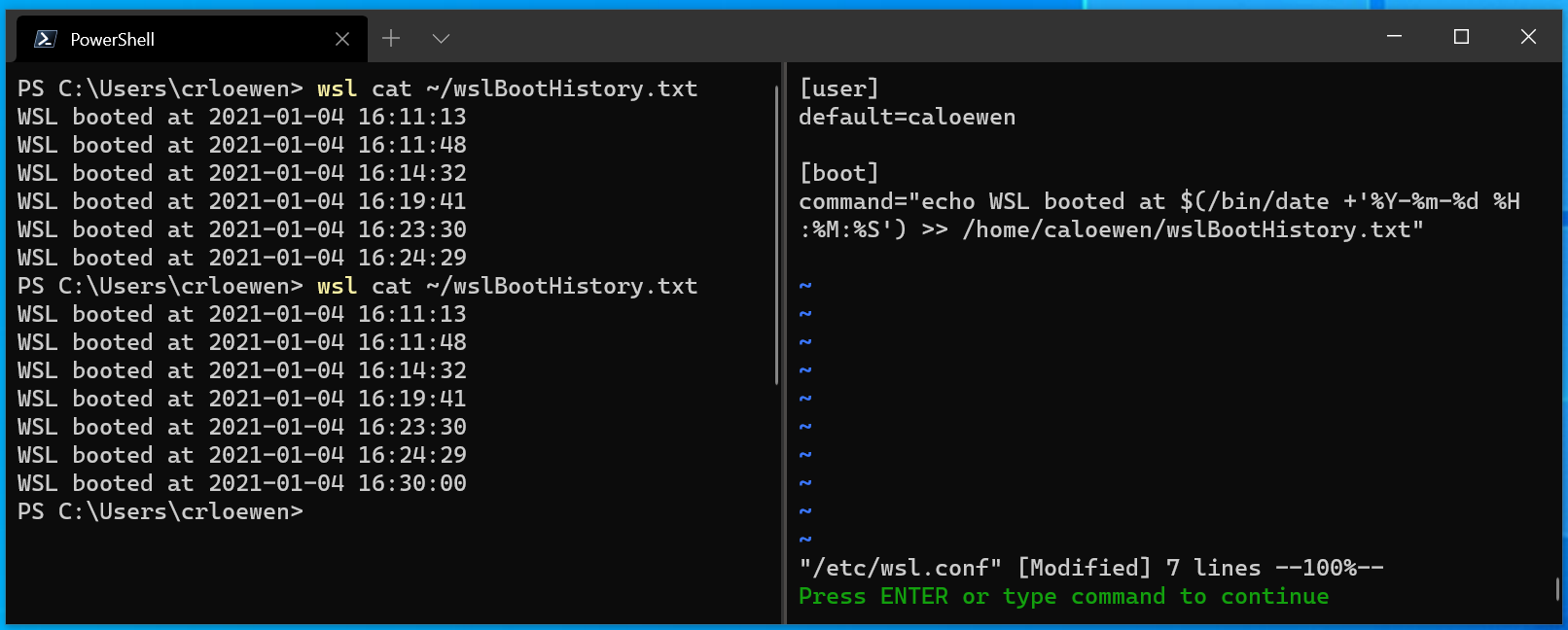 Windows 10 Insider Preview Dev Build 21286.1 (RS_PRERELEASE) - Jan. 6 wsl-terminal-startup-commands.png