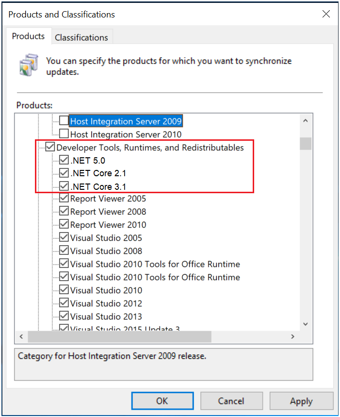 .NET Core 2.1, 3.1, and .NET 5.0 updates coming to Microsoft Update WSUS-Select-Products-and-Classifications.png