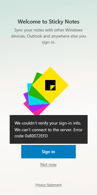 Cannot sign into Windows 11 Sticky Notes. Error: "We couldn't verify your sign-in info.... yzDmc.png
